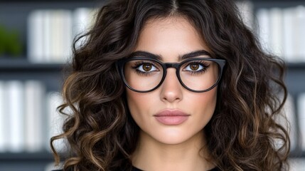 Obraz premium Close-up of a young woman with curly hair and black glasses in an indoor setting