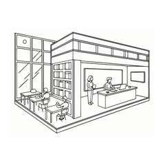 Modern Study Area or Office Interior with People Working - Black and White Illustration