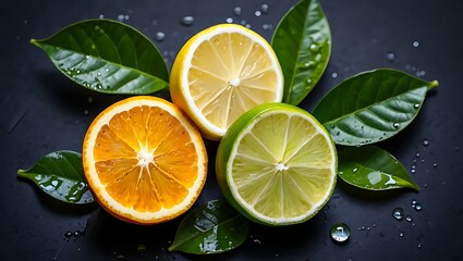 Vibrant Citrus Trio Lemon, Orange, and Lime Slices with Lush Green Leaves