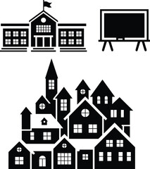 Education and Community Silhouette Set: School, Blackboard, and Townscape for Learning and Urban Design