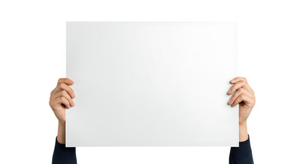 Two hands holding blank white sign isolated on white background