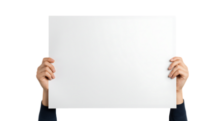 Two hands holding blank white sign isolated on white background