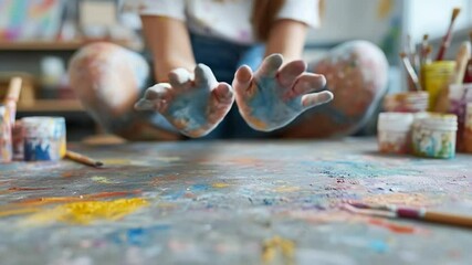 Creative art session hands covered in colorful paint on studio floor