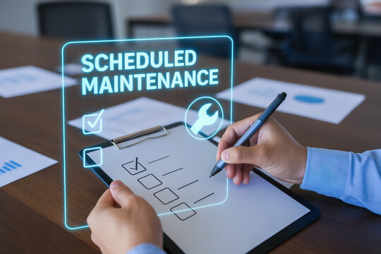 Scheduled maintenance concept with engineer holding pen and clipboard predictive maintenance engineer working on checklist