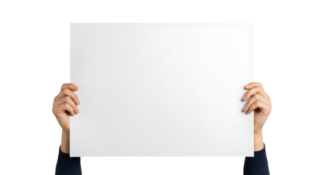 Two hands holding blank white sign isolated on white background