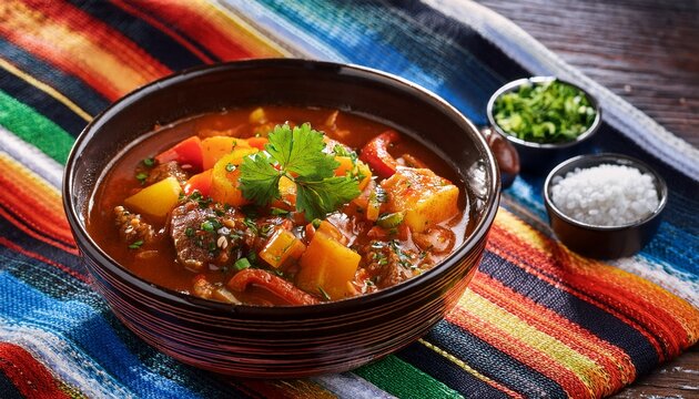 pepin stew simmers in dark bowl with vibrant sesame spice and herbs colorful mayan textile background enhances dish concept of culinary arts cultural heritage gastronomy