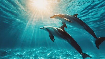 Obraz premium A breathtaking underwater scene of two dolphins gracefully swimming through sunlit waters, displaying their natural beauty and enchanting spirit in a vibrant marine environment.