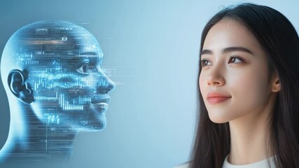Digital human face data overlays with young woman artificial intelligence concept - Powered by Adobe