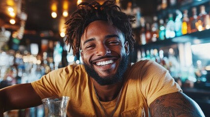 Fototapeta premium A cheerful bartender at a vibrant bar, showcasing the joy of bartending and hospitality, with an array of colorful drinks in the background enhancing the lively atmosphere.