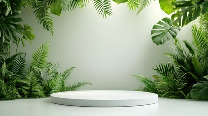 This modern display area filled with lush tropical plants creates a serene atmosphere, perfect for showcasing products or providing a calming backdrop for events.