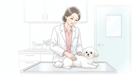 Woman veterinarian examining a small white dog on an examination table