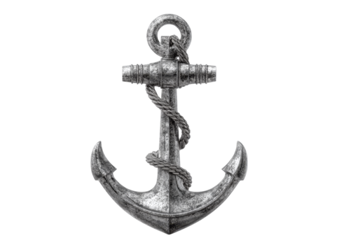 Weathered metal anchor with rope nautical decor maritime symbol, Isolated On Transparent Background