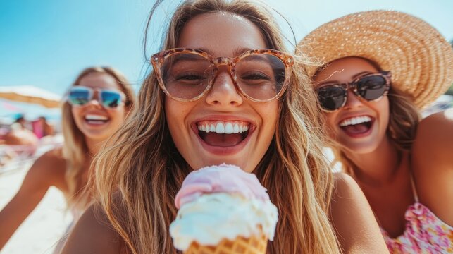 A cheerful group of three friends enjoys ice cream on a sunny beach day, capturing the essence of fun, friendship, and carefree summer moments under the sun. - Powered by Adobe