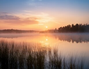 Obraz premium serene sunrise over calm lake with soft pastel colors and mist