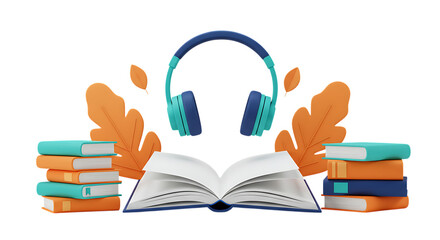 Open book with headphones and stacks of books isolated on white background