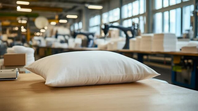 White pillow on workbench in industrial textile factory for home goods production
