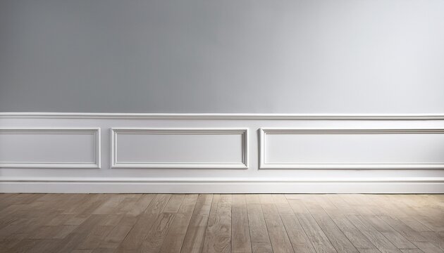 close up of decorative moulding white baseboard in empty room with copy space