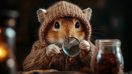 Obraz premium A charming hamster dressed in a knitted sweater examines with a magnifying glass, evoking a sense of curiosity and playfulness, delighting viewers with its adorable persona.