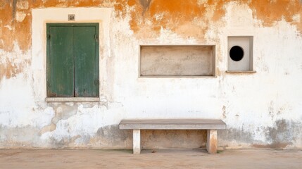 A simple outdoor scene featuring a weathered wall with a green door, a rectangular window, a circular opening, and a wooden bench