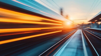 A dynamic shot of a speeding train captured in motion, blurring with speed against a sunset backdrop, showcasing the exciting fusion of technology and nature in travel.