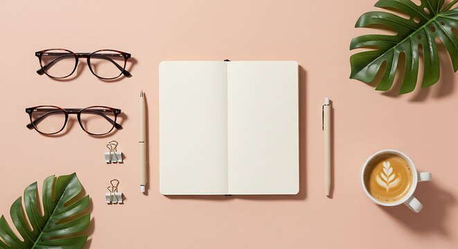 Workspace Aesthetic: A neat workspace featuring an open blank notebook, two pair of glasses, two metal paper clip, cup of latte, pen, and fresh Monstera leaves.