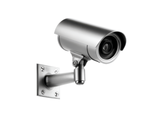Modern security camera mounted on wall black background, Isolated On Transparent Background