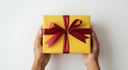 Golden Gift in Hand: A hands holding a golden gift wrapped with a burgundy ribbon, presents a moment of thoughtfulness and delight.