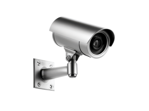 Modern security camera mounted on wall black background, Isolated On Transparent Background
