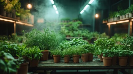 A vibrant indoor herb garden filled with lush green plants, pots, and illuminated by soft lighting, celebrating nature's beauty and the joy of cultivating greenery indoors.