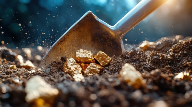 A close-up of shiny gold nuggets being unearthed from the soil by a shovel, representing the thrill of discovery and the allure of treasure hunting in a natural setting.