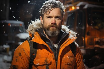 Fototapeta premium A rugged man stands outdoors in heavy snowfall, wearing a warm orange jacket, embodying resilience and adventure amidst winter's chill.