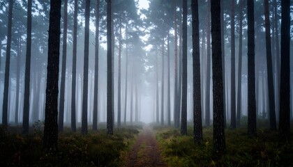 Atmospheric wide shot of fog-shrouded pine forest in Plateau.