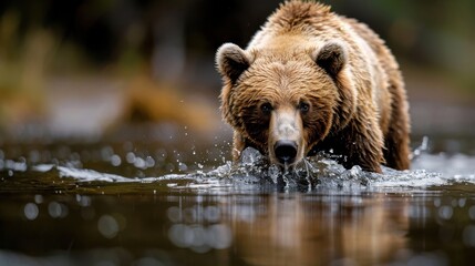 A close-up of a majestic grizzly bear making its way through tranquil waters, showcasing the beauty of wildlife and nature in a serene outdoor setting filled with adventure.