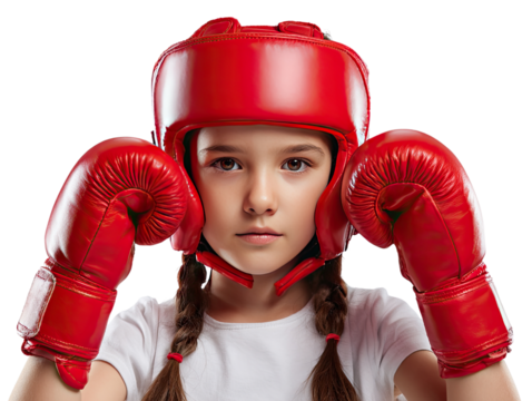 Ready to Rumble: A young girl, poised and determined, dons vibrant red boxing gear, preparing to face the world with unwavering confidence and courage.