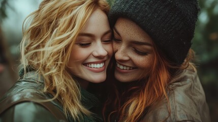 Fototapeta premium This heartwarming image captures two women embracing and smiling together in a lush outdoor setting, showcasing joy and companionship in a beautiful natural environment.