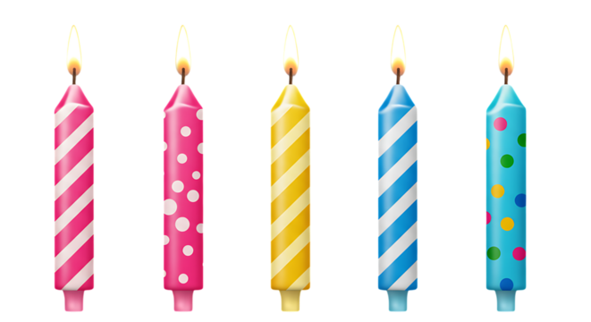 Five lit birthday candles with colorful patterns isolated on white background