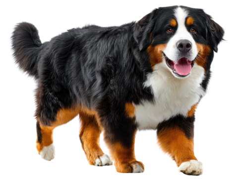  Majestic Bernese Mountain Dog: A stunning Bernese Mountain Dog, showcasing its distinctive tri-color coat, gentle eyes, and affectionate demeanor, captured in a lively pose.