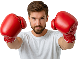 Ready to Fight: A determined boxer stands confidently, donning striking red gloves, the picture embodies strength, skill, and the spirit of competition.  