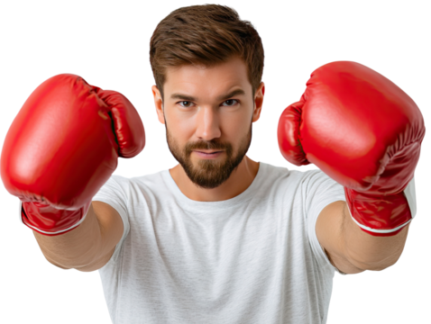 Ready to Fight: A determined boxer stands confidently, donning striking red gloves, the picture embodies strength, skill, and the spirit of competition.  