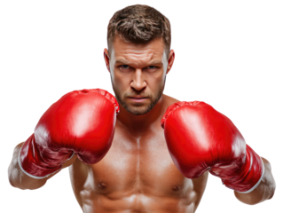 Boxer in Red Gloves: A muscular male boxer, shirtless, with intense eyes and a determined expression, faces the camera, wearing red boxing gloves.