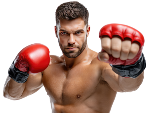 Powerful Boxer: A muscular male boxer with intense focus, wearing red boxing gloves, ready to strike. His determined expression and powerful physique convey strength and readiness.