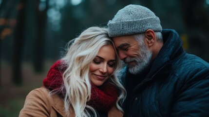 Obraz premium This beautiful image depicts a loving couple embracing in a cozy outdoor setting, symbolizing affection, warmth, and connection amidst nature’s beauty during autumn.