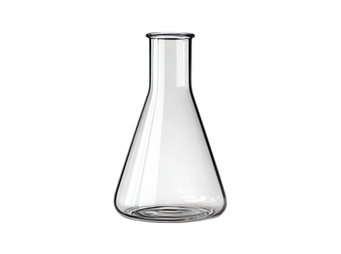 Empty glass erlenmeyer flask on black background laboratory equipment science experiment, Isolated On Transparent Background