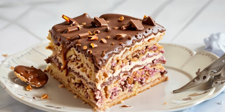 Chocolate and raspberry layer cake finished with fudge glaze and sprinkled nut or chocolate bits. A lush, fruity-chocolate dessert ideal for elegant gatherings.
