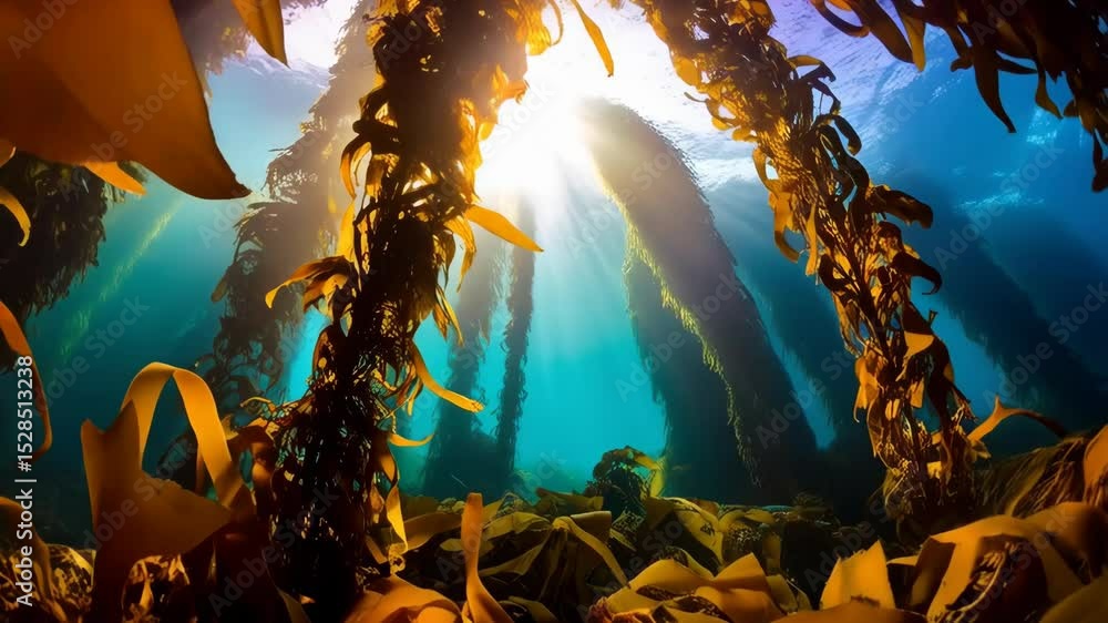 Poster underwater view of a kelp forest with sunlight penetrating through the canopy creating sunbeams in c