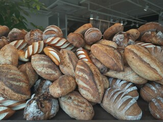 a mountain of their bread and a block on the shop window.