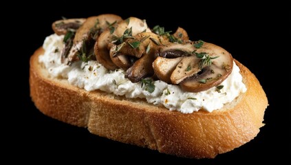 Roasted Mushroom And Cream Cheese Crostini On Black Background