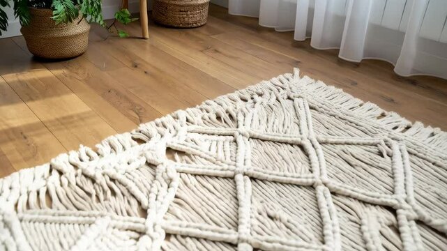 Handmade cotton macrame rug with geometric pattern on wooden floor in a bright room with natural light, interior decor element