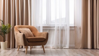 Fototapeta premium comfortable armchair near window with elegant curtains in room