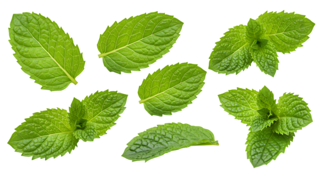 Collection of fresh green mint leaves isolated on white background